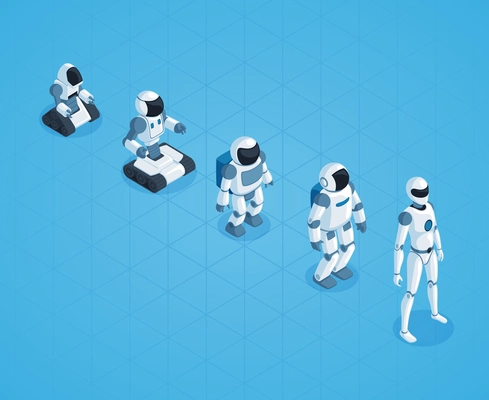 Evolution of robots isometric design with stages of androids development on textured blue background vector illustration