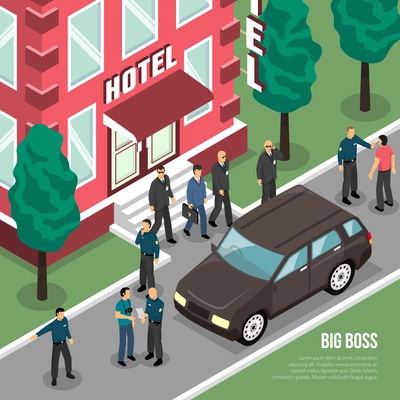 Big boss with security service going from hotel to black car in summertime isometric vector illustration