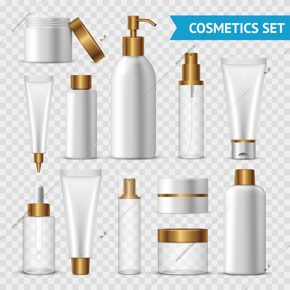 Realistic and isolated transparent cosmetics icon set with gold batchers on transparent background vector illustration