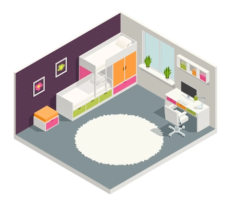 Kids room isometric composition with bed desk and carpet vector illustration