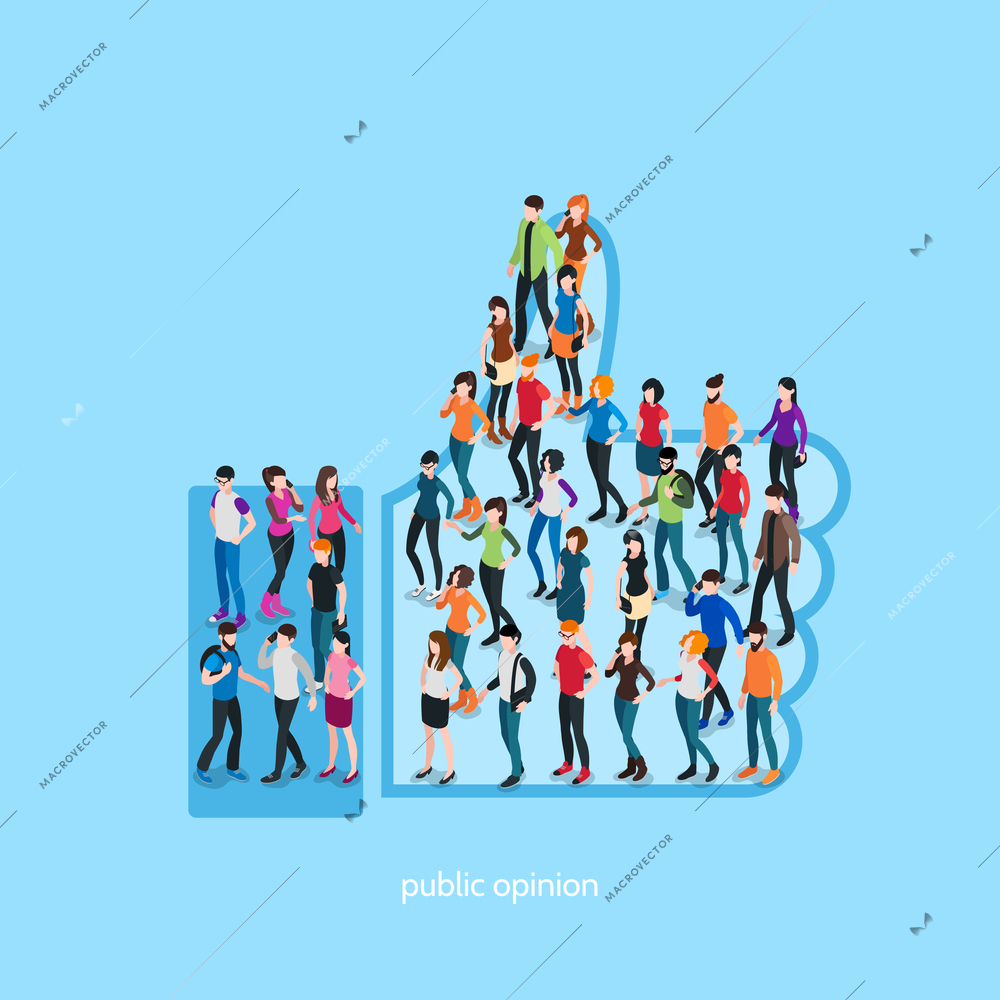 Society isometric conceptual like with people crowd in shape of hand with up thumb isolated vector illustration