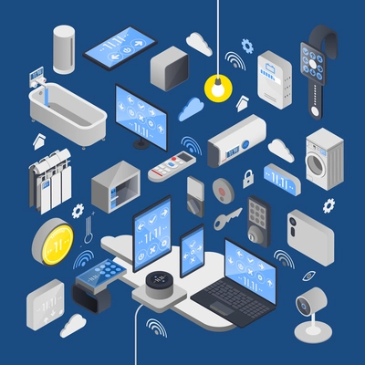 IOT internet of things isometric composition with elements of smart house and technical attributes vector illustration