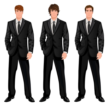 Three young handsome businessmen in formal suits with different brown hairstyles vector illustration