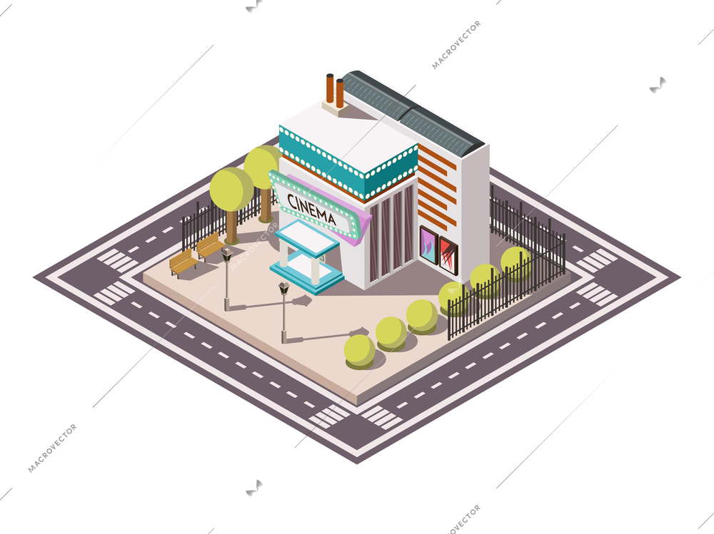 Cinema building isometric composition with road bench and trees vector illustration