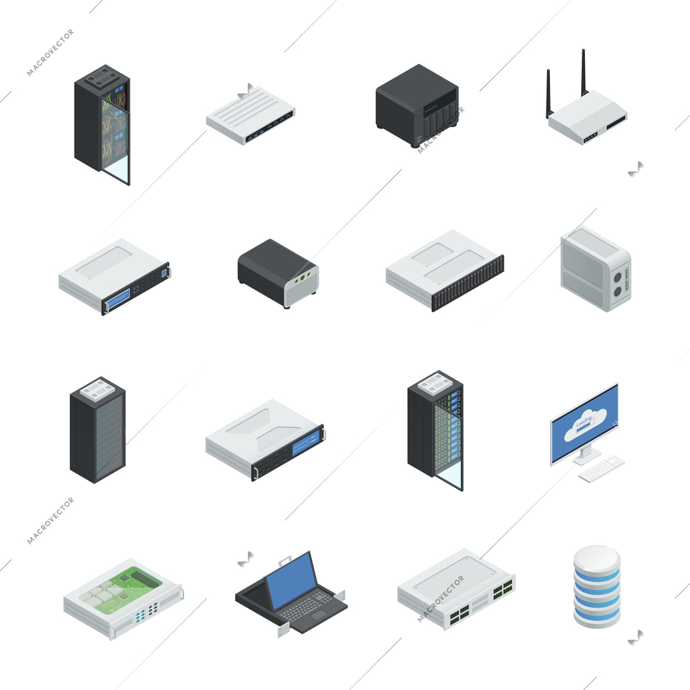 Datacenter server cloud computing isometric icons set with isolated images of hardware networking equipment infrastructure server racks vector illustration