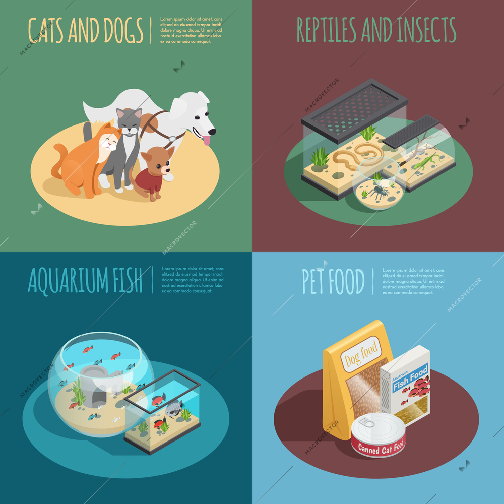 Pet shop concept isometric icons set with pet food symbols isolated vector illustration