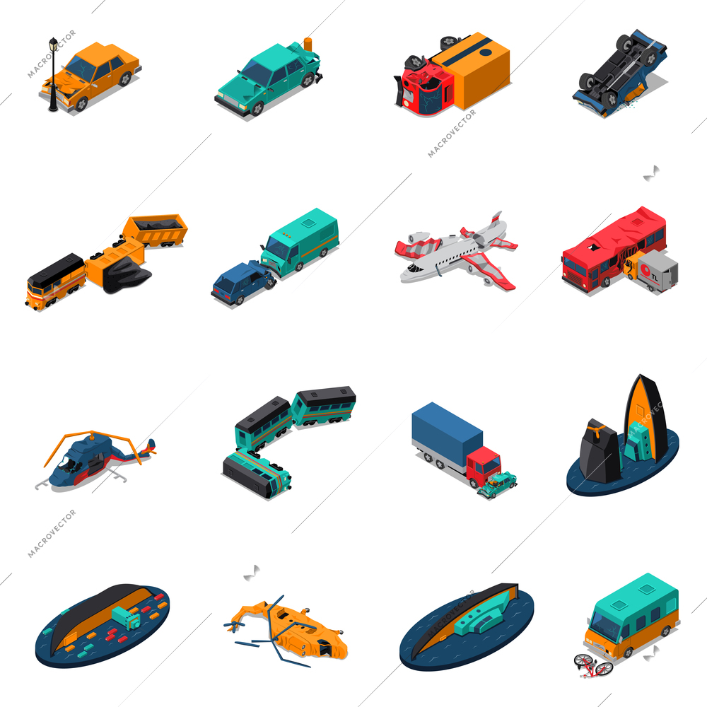Transport accidents isometric set with automobile and train crashes broken airplane and helicopters shipwreck isolated vector illustration