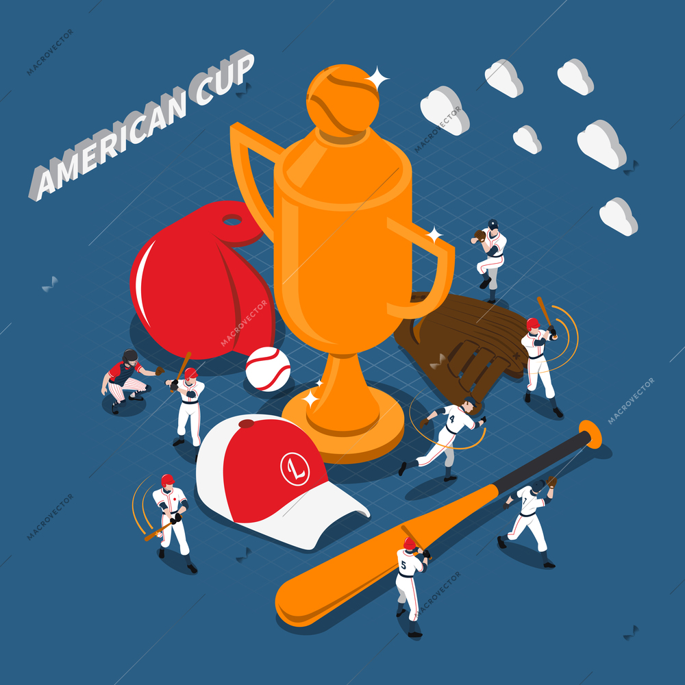 American cup baseball game design with trophy players sports gear on textured blue background isometric vector illustration