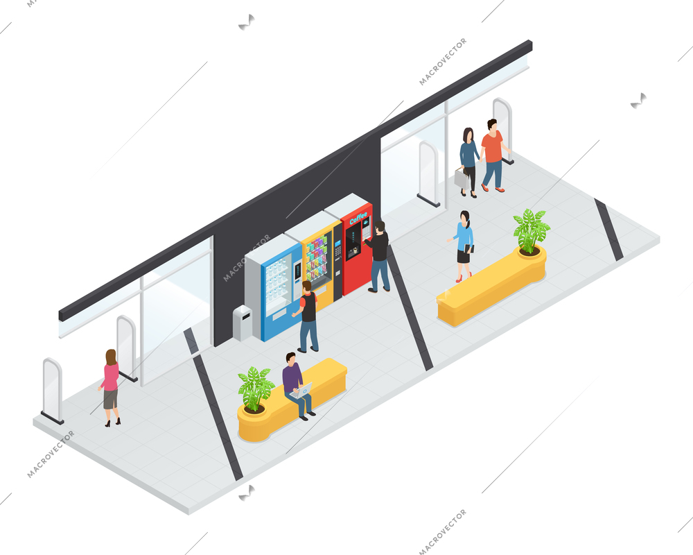 Vending  machines isometric concept with food and drink machines vector illustration