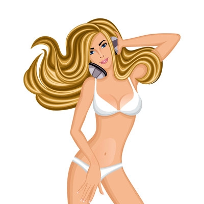 Sexy slim longhaired girl in white bikini with headphones print poster isolated vector illustration