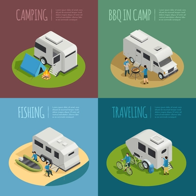 Recreational vehicles concept icons set with camping symbols isometric isolated vector illustration