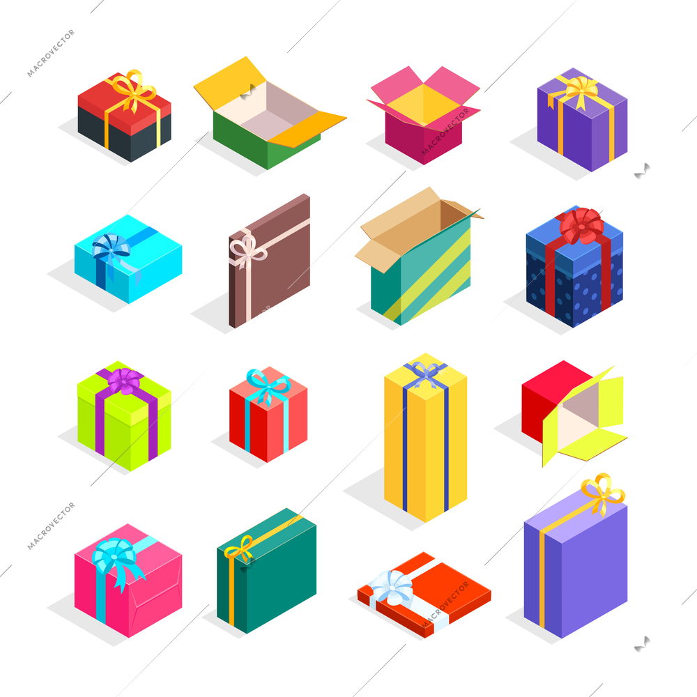 Gift box set with colorful carton fancy boxes of different size and colour closed and opened vector illustration