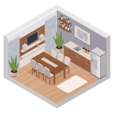 Kitchen interior isometric design concept with modern furniture tv set and dining table for six persons flat vector illustration