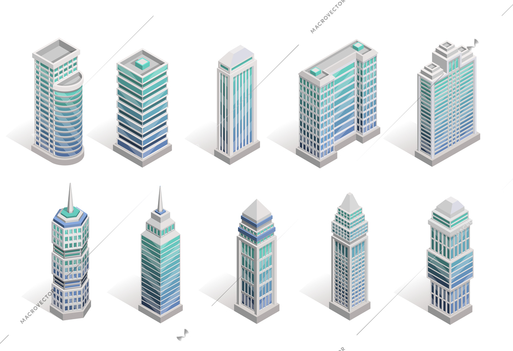 City houses isometric set with different skyscrapers isolated vector illustration