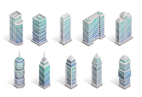 City houses isometric set with different skyscrapers isolated vector illustration