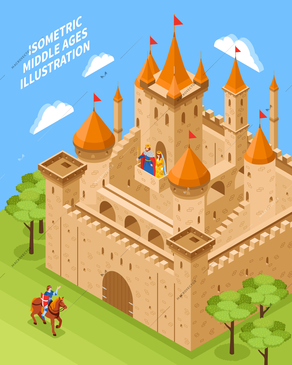 Isometric royal castle composition with rider on a brown horse and nature around vector illustration