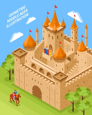 Isometric royal castle composition with rider on a brown horse and nature around vector illustration