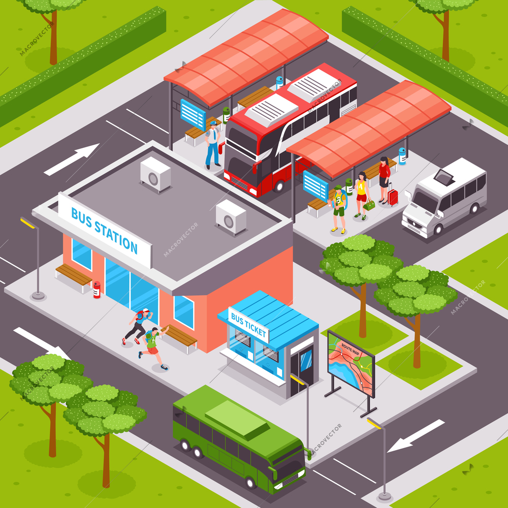 Bus station isometric design with  tourists on platforms public transport ticket office and road infrastructure vector illustration