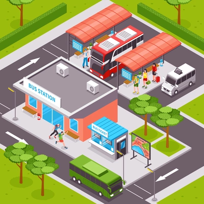 Bus station isometric design with  tourists on platforms public transport ticket office and road infrastructure vector illustration