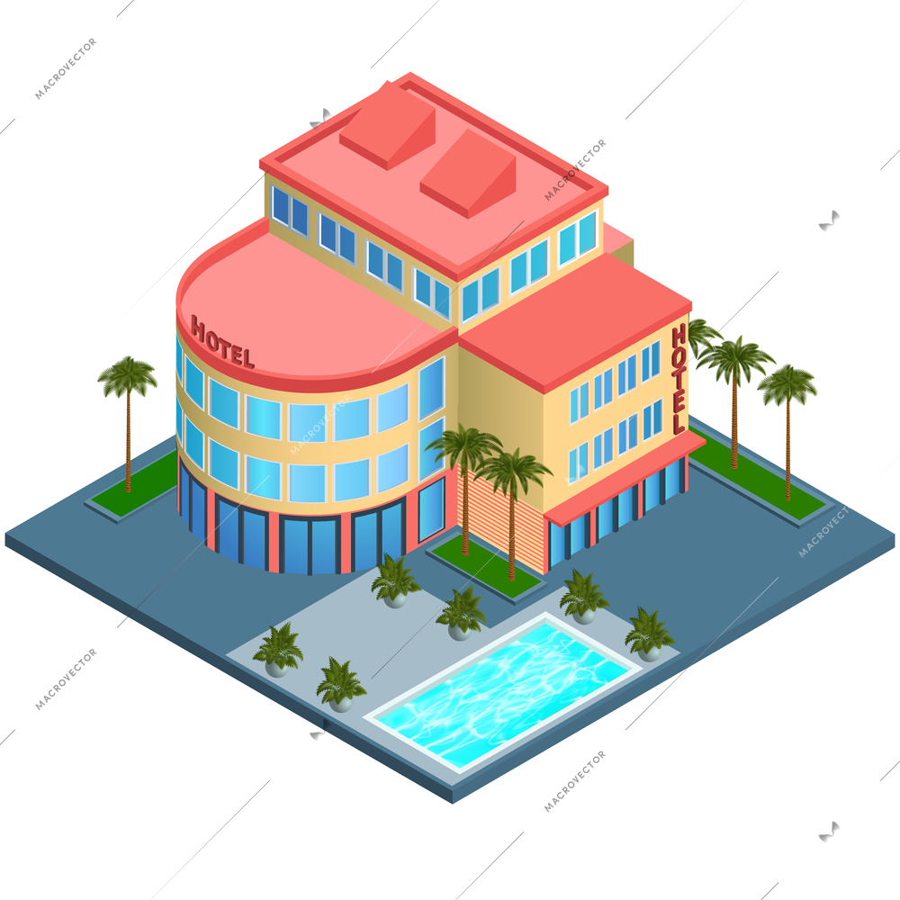 Modern 3d urban hotel building with palms and water pool isometric isolated vector illustration