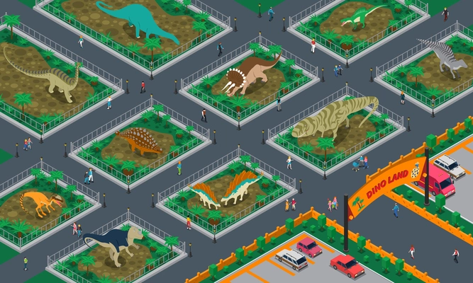 Dino land isometric composition with people walking in modern park of giant prehistoric reptiles vector illustration