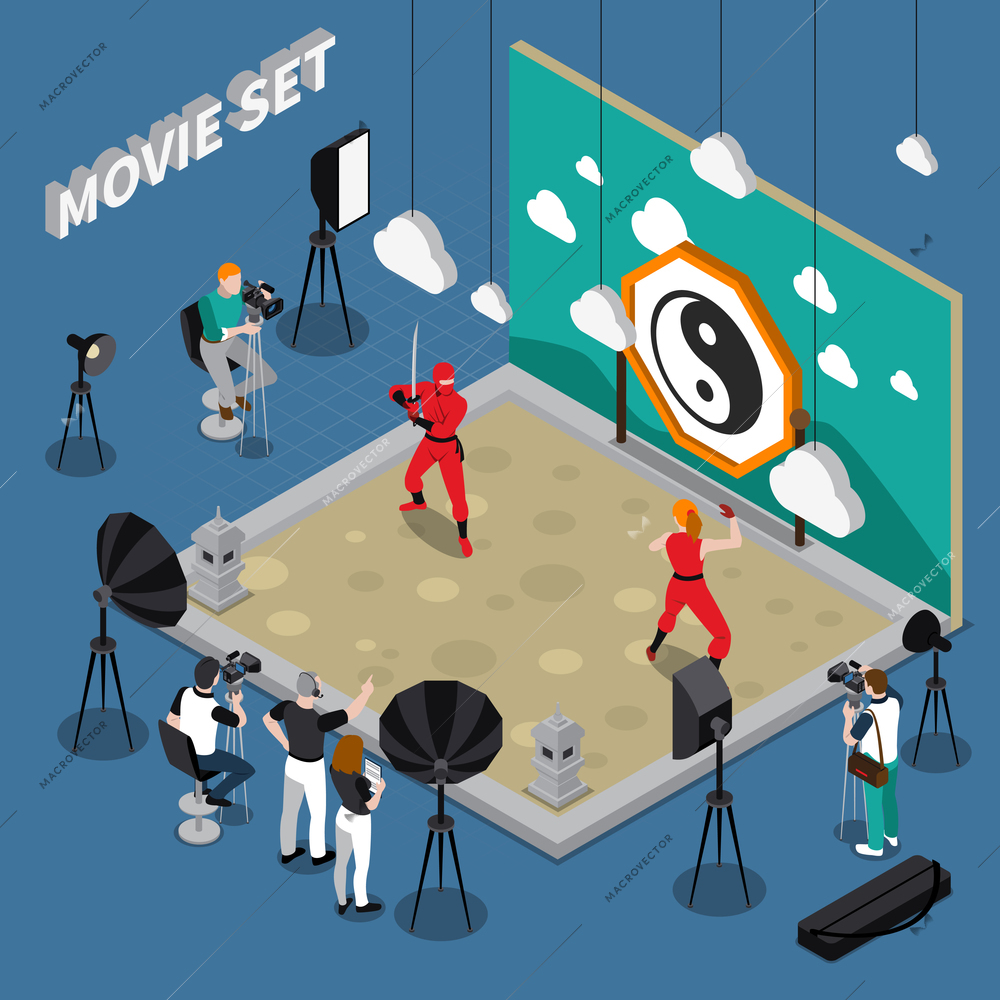 Movie set with actors director and cameramen decorations and equipment on blue background isometric vector illustration