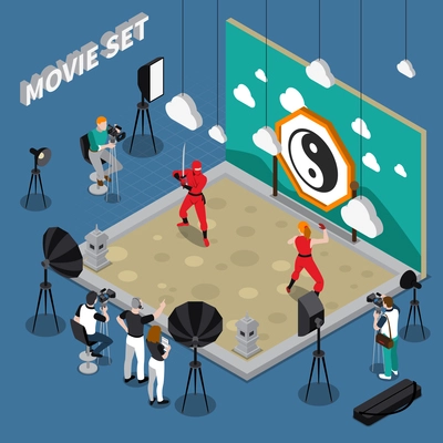 Movie set with actors director and cameramen decorations and equipment on blue background isometric vector illustration