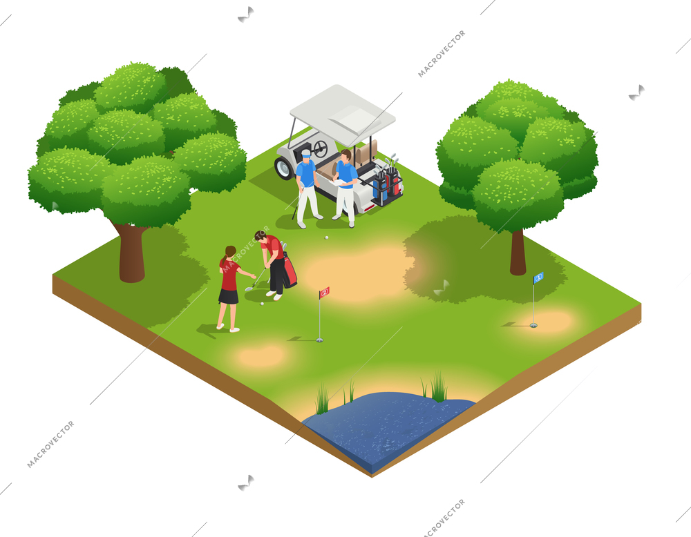 Green golf course isometric top view composition with people golfing and standing near cart vector illustration