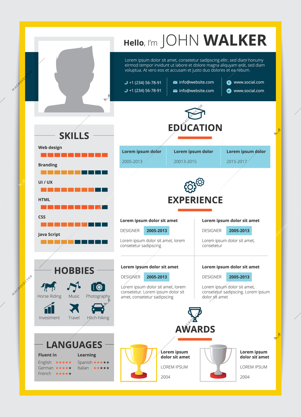 Cv template with male candidate education job experience awards and other information resume flat vector illustration