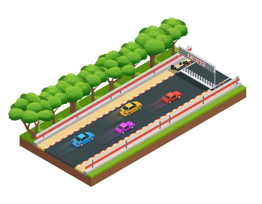 Car race track isometric composition with game racing course with colorful images of cars and trees vector illustration