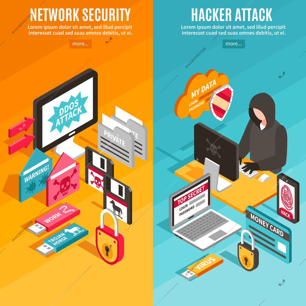 Vertical internet hacker attack and network security colorful banners set isolated isometric vector illustration
