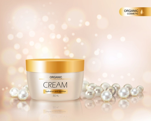 Beautiful realistic vector illustration for advertisement of organic cosmetic series with face cream container and pearls