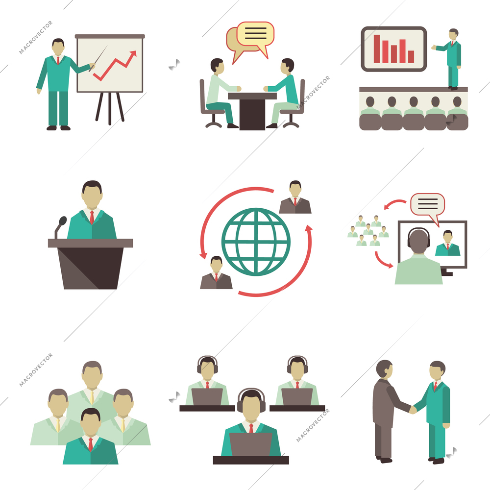 Business people online global discussions teamwork collaboration, meetings and presentations concept icons set isolated vector illustration
