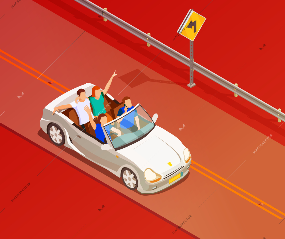 Young friends riding open top white luxury convertible car isometric poster with red colored background vector illustration