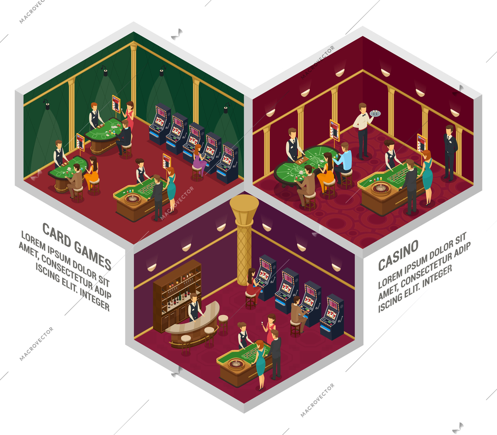 Three colored casino isometric interior compositions with card games and casino descriptions vector illustration