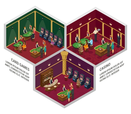 Three colored casino isometric interior compositions with card games and casino descriptions vector illustration