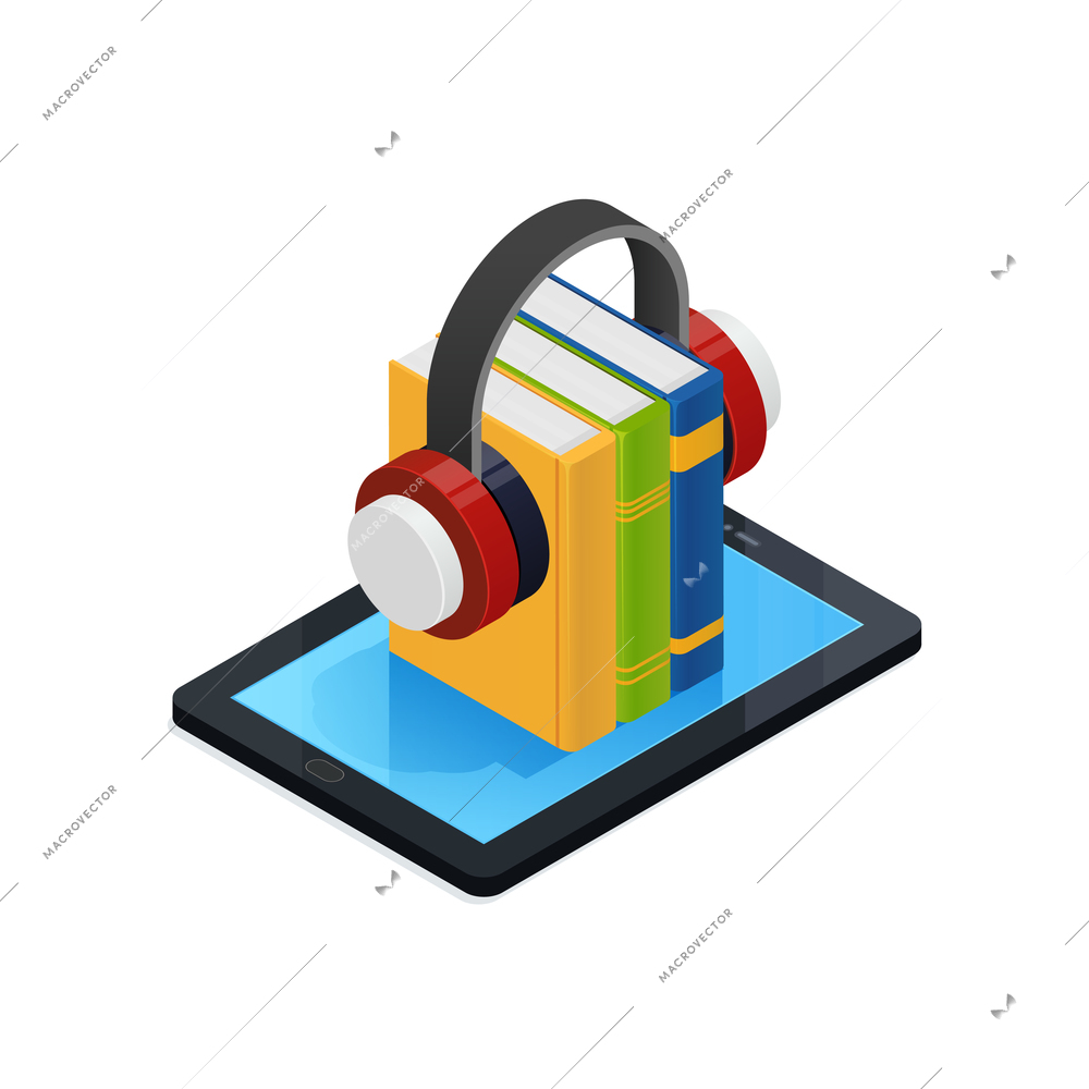 Online audio books isometric design with wireless headphones and mobile device on white background 3d vector illustration