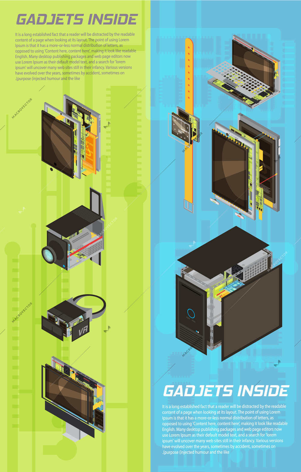 Two vertical isolated and colored gadgets scheme banner set with gadgets inside headlines vector illustration