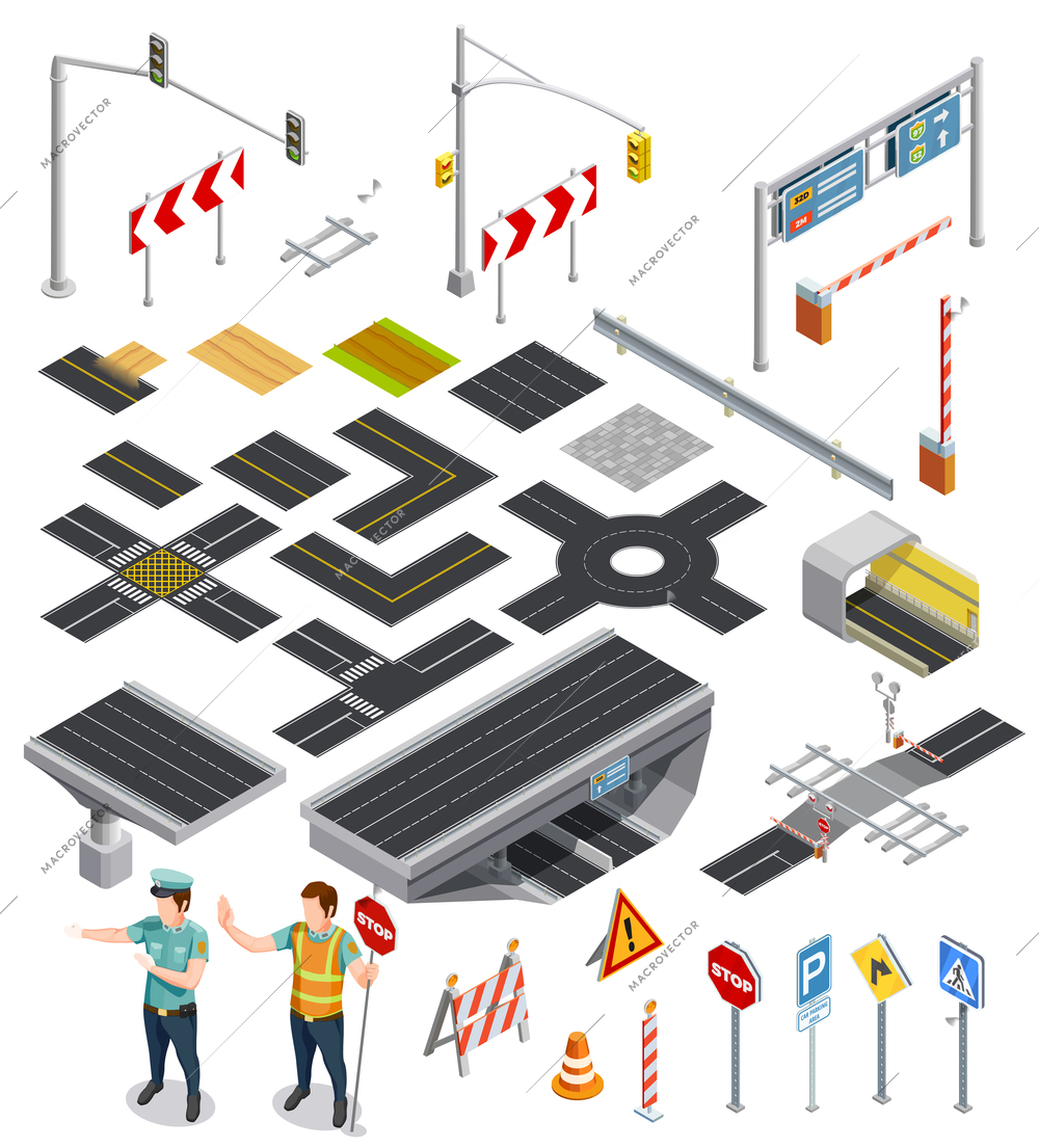 Set of isometric icons showing constructor elements of road sections with markings and traffic signposts vector illustration