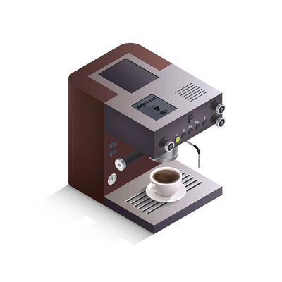 Modern coffee machine with cup of drink and inscription americano on white background isometric isolated vector illustration