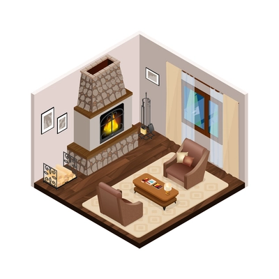 Lounge interior with classic fireplace brown comfortable furniture on wooden floor curtains on window isometric vector illustration
