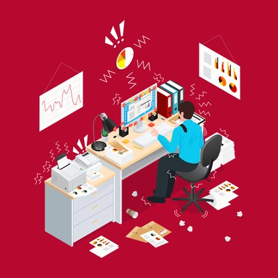 Read 3d deadline office isometric composition with stress situation and paper lying on the floor vector illustration