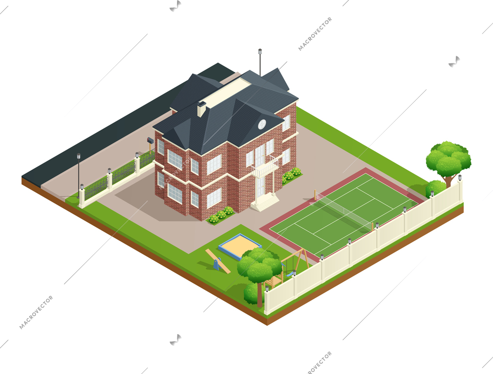 Suburb house isometric composition with backyard lawn children playground and tennis court vector illustration