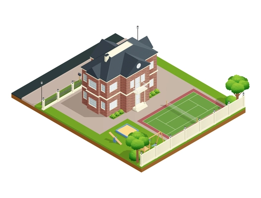 Suburb house isometric composition with backyard lawn children playground and tennis court vector illustration