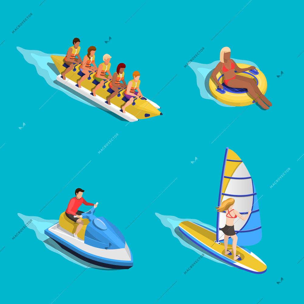 Sea activities people composition with isometric images of human characters riding tube scooter banana boat sailboard vector illustration