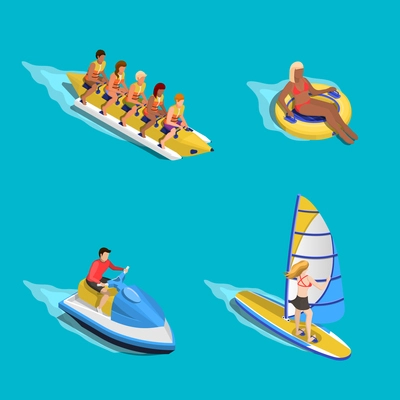 Sea activities people composition with isometric images of human characters riding tube scooter banana boat sailboard vector illustration