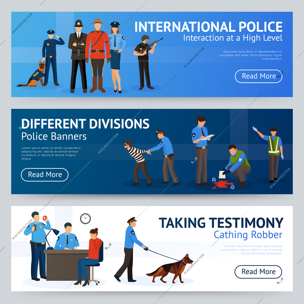 International police force cooperation internet site 3 flat banners set design with trained dog isolated vector illustration