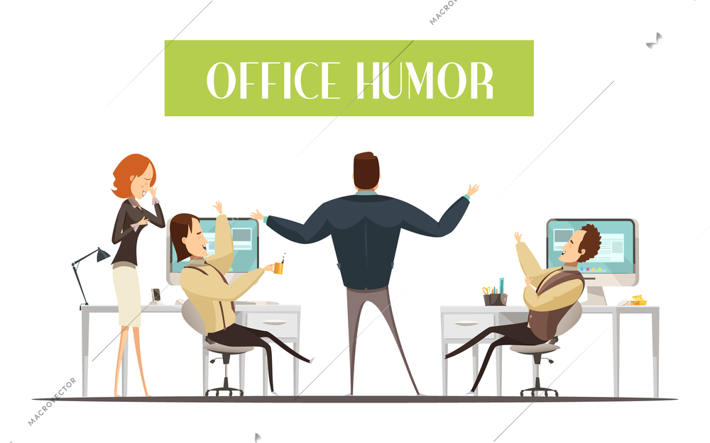 Office humor design in cartoon style with laughing men and woman in workplaces vector illustration