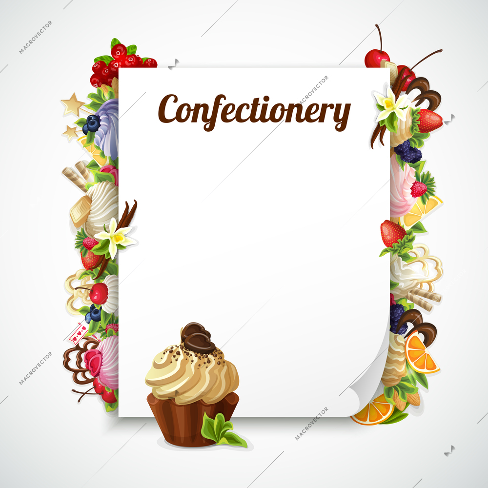 Decorative frame with desserts and cupcake around paper sheet with curved corner and inscription confectionery vector illustration