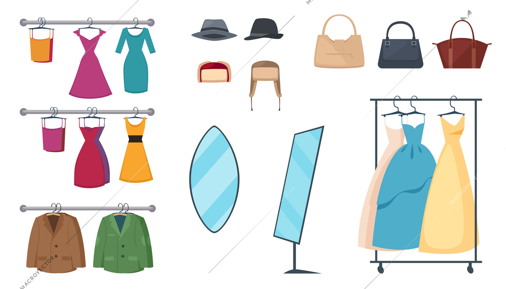 Isolated and colored clothing store icon set with elements and attributes clothes on hangers and accessories vector illustration